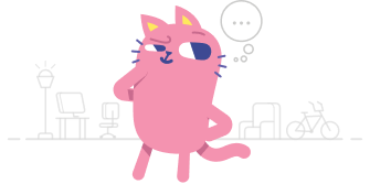 Desenho de um gato rosa em posição de pensamento com um fundo de um escritório